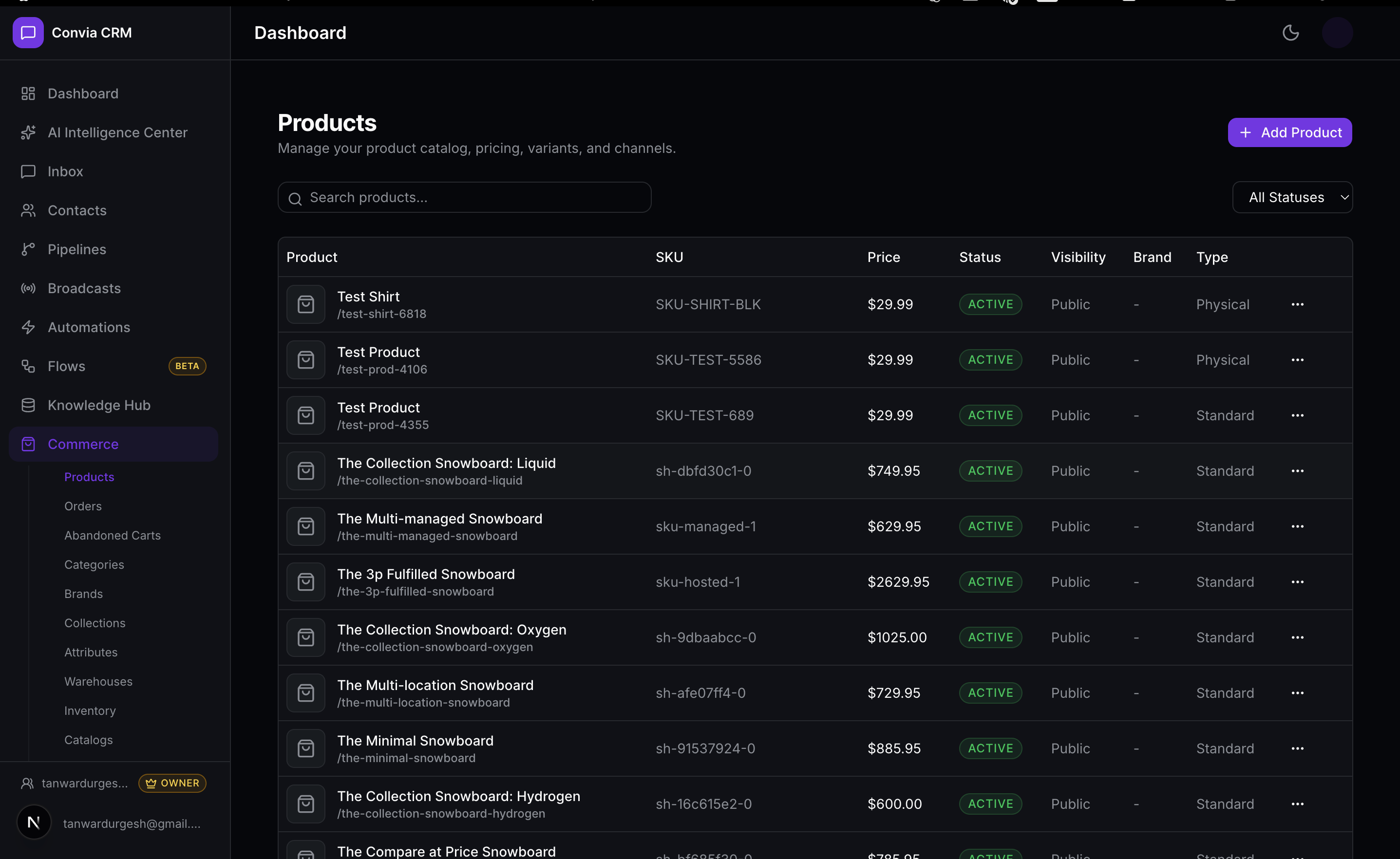 Convia product catalog dashboard showing SKU items, price variants, and stock counts.