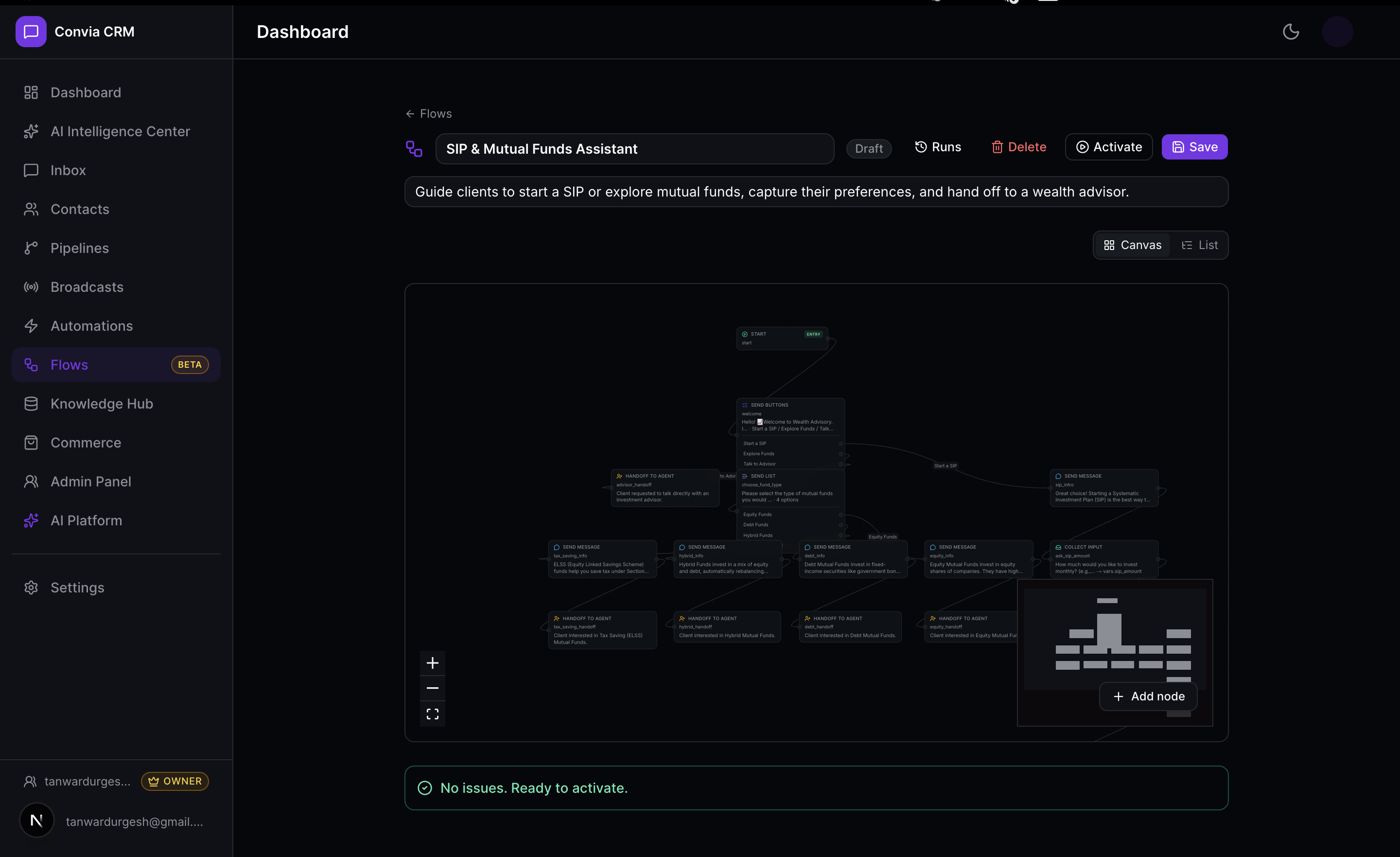 Convia visual workflow builder showing automation node graph, triggers, conditions, and action nodes.