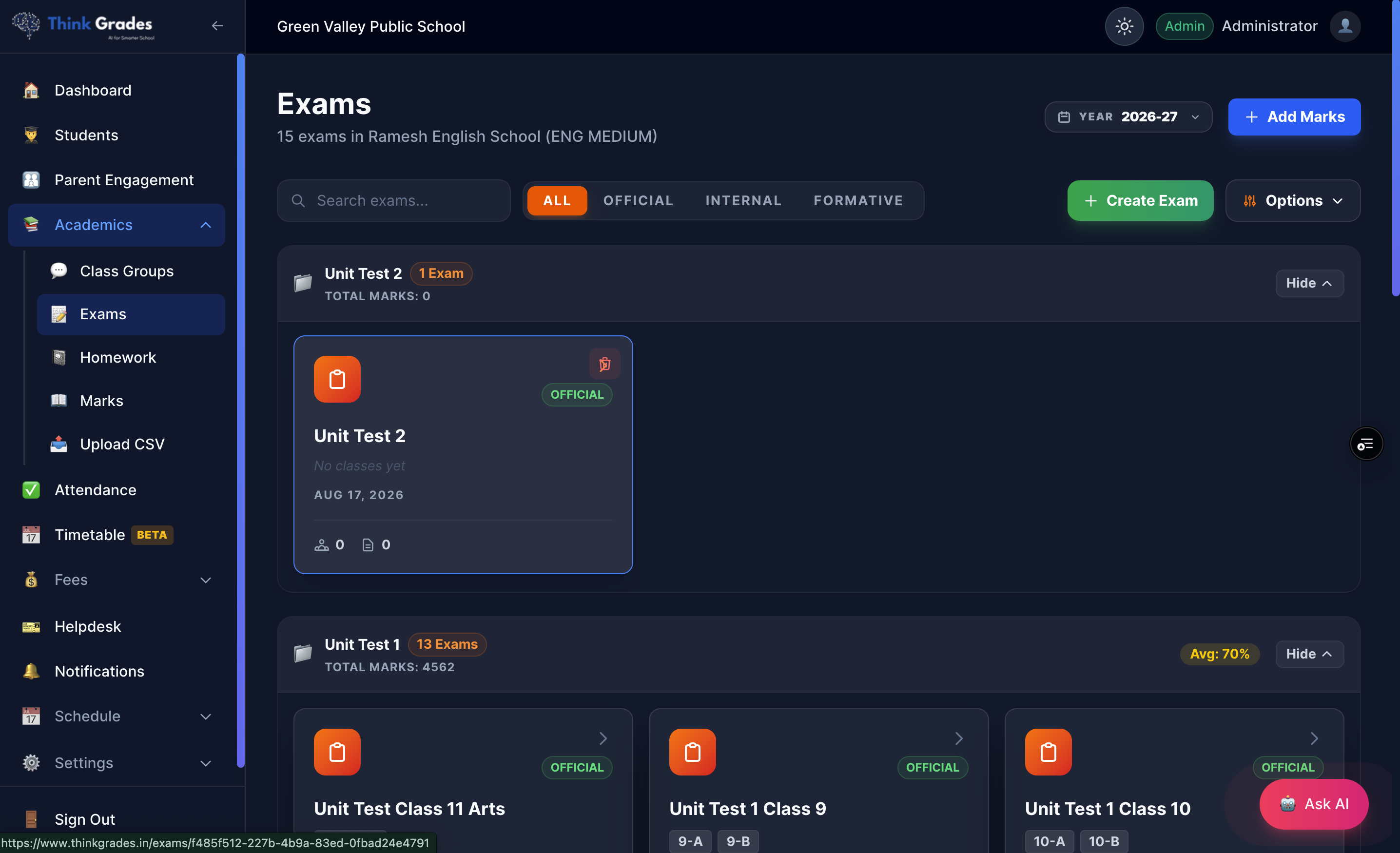 ThinkGrades exam management screen displaying exam schedules, grading scales, and assessment configurations.