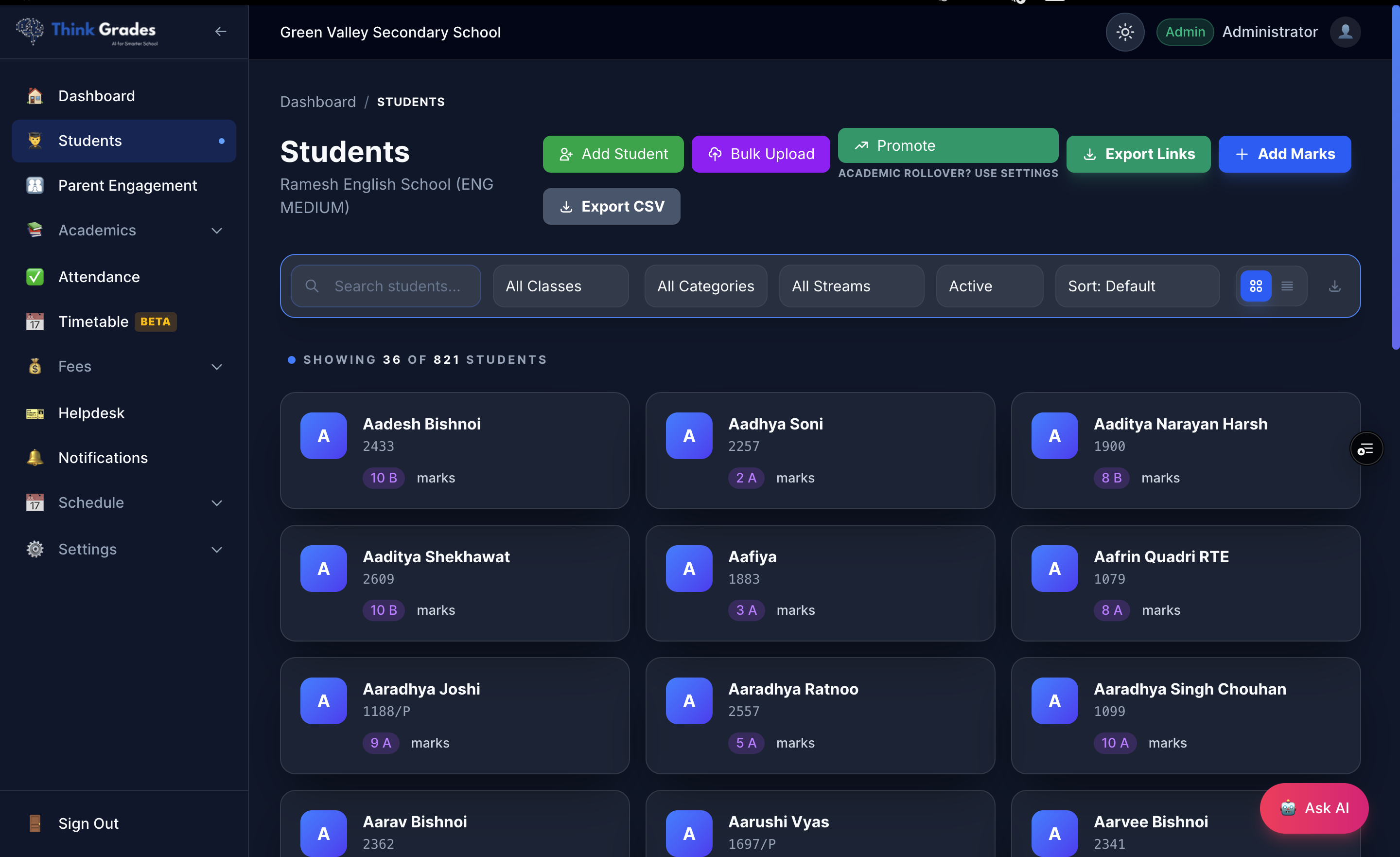 ThinkGrades student management dashboard displaying student lists, profile records, and class allocations.